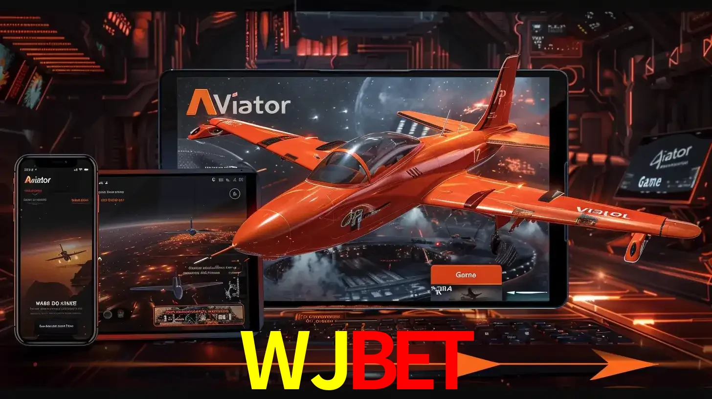 Apresentação tecnológica do jogo Aviator com um avião saindo da tela de um tablet, demonstrando a experiência imersiva em múltiplos dispositivos no WJBET.