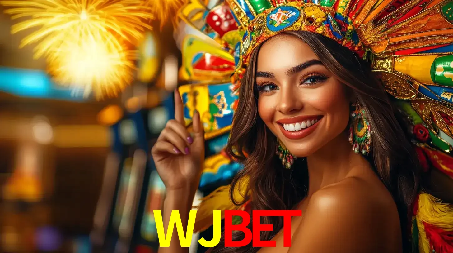 Mulher sorridente com um cocar de carnaval vibrante e colorido, celebrando uma grande vitória nos jogos do cassino WJBET com fogos de artifício ao fundo.