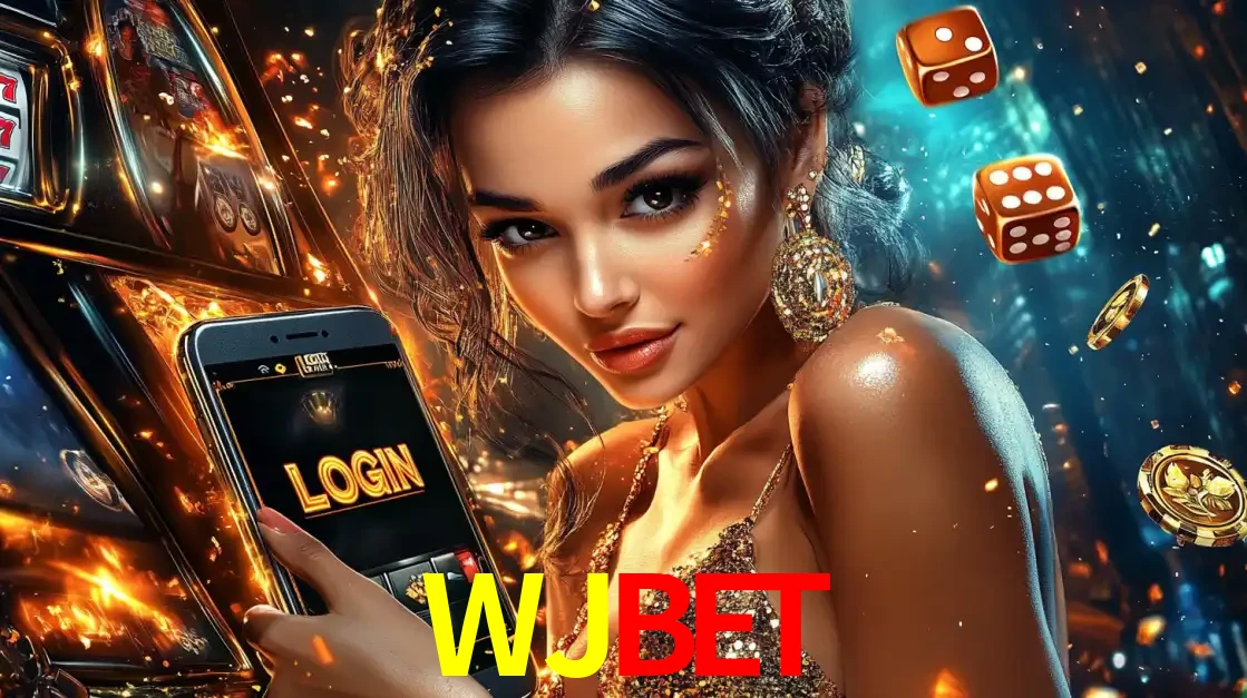 Mulher glamourosa segurando um celular com a tela de login do cassino WJBET, rodeada por dados e moedas douradas, pronta para começar a diversão.
