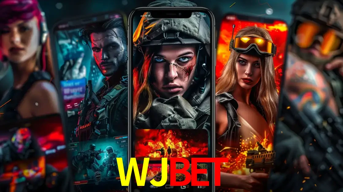 Montagem de telas de celular mostrando diversos personagens, masculinos e femininos, de um jogo de tiro, ilustrando a diversidade de equipes de e-sports para apostar no WJBET.