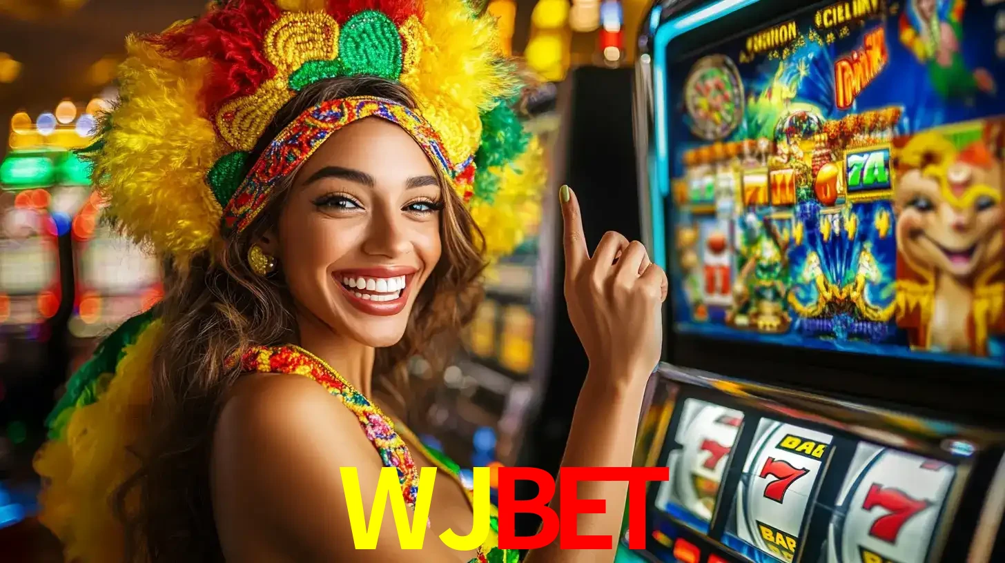 Mulher animada com um cocar de carnaval apontando para uma máquina de caça-níqueis, mostrando a emoção de ganhar um grande prêmio nos jogos do WJBET.