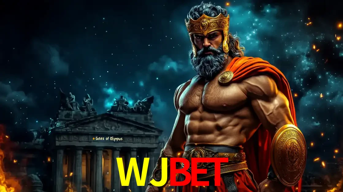 O poderoso Zeus do jogo de slot Gates of Olympus em frente ao seu templo, pronto para lançar multiplicadores divinos e prêmios épicos no cassino online WJBET.