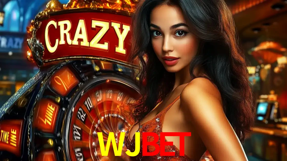 Mulher glamourosa olhando para a câmera com a roda vermelha do Crazy Time ao fundo em um ambiente de cassino, destacando a emoção dos jogos ao vivo no WJBET.