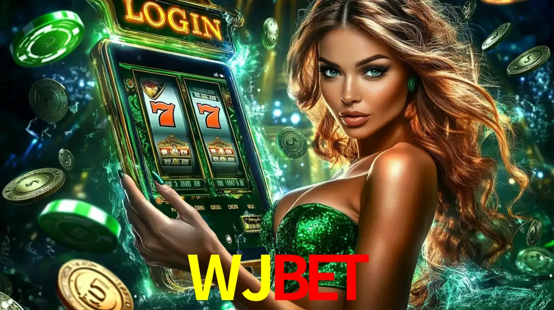 Mulher com tema verde apresentando o aplicativo do cassino WJBET com um jogo de slot de 777, cercada por fichas de cassino e uma aura de sorte.