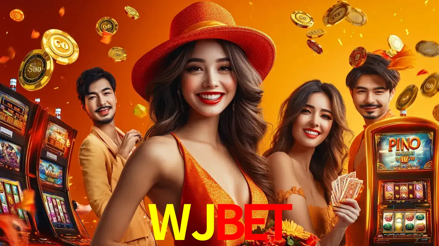 Grupo de amigos asiáticos sorrindo e se divertindo com máquinas de caça-níqueis em um ambiente festivo, celebrando suas vitórias nos jogos de cassino do WJBET.