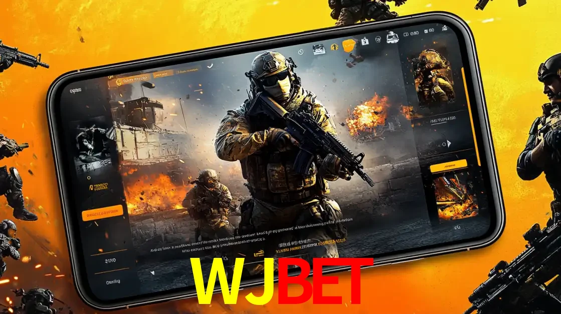 Um smartphone exibindo a interface de um jogo de tiro em primeira pessoa, com um soldado em um cenário de batalha, representando a ação dos e-sports para apostar no WJBET.