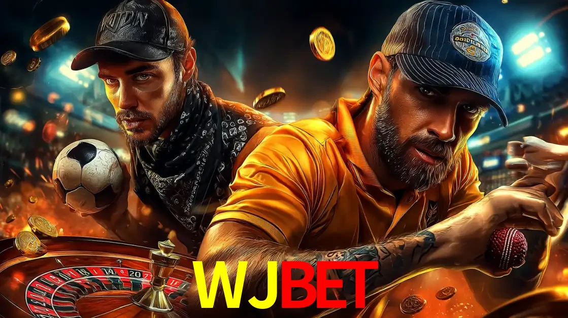 Montagem de apostas esportivas e cassino no WJBET, com um homem segurando uma bola de futebol e outro uma de beisebol sobre uma roleta e moedas voadoras.