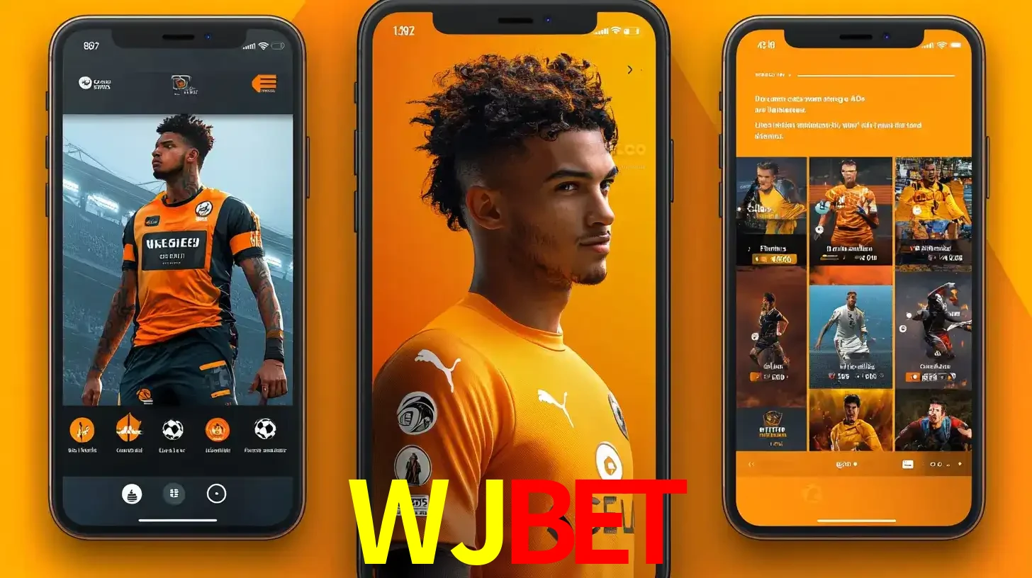 Interface do aplicativo de apostas esportivas WJBET em três telas de celular, mostrando o perfil de um jogador de futebol e a lista de jogos disponíveis para apostar.