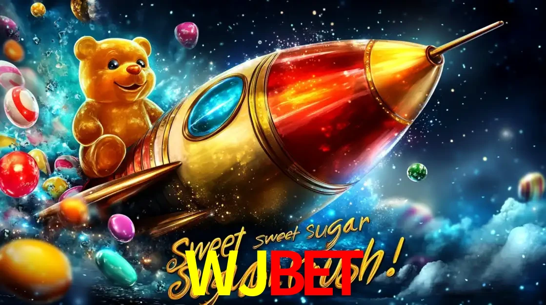 Arte promocional do jogo de slot Sugar Rush, com um urso de pelúcia em um foguete viajando pelo espaço de doces, um dos jogos divertidos disponíveis no cassino WJBET.