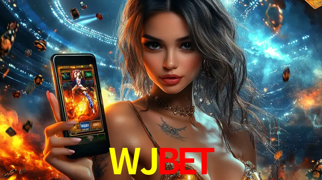Mulher segurando um celular com um jogo de slot em destaque, tendo como fundo um estádio vibrante, simbolizando a emoção de jogar no cassino móvel WJBET.