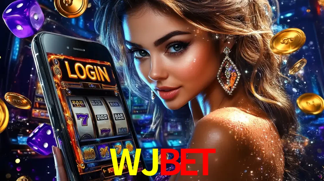 Mulher glamorosa segurando um smartphone com a tela de login para os jogos de caça-níqueis do cassino online WJBET, com moedas de ouro e dados ao redor.