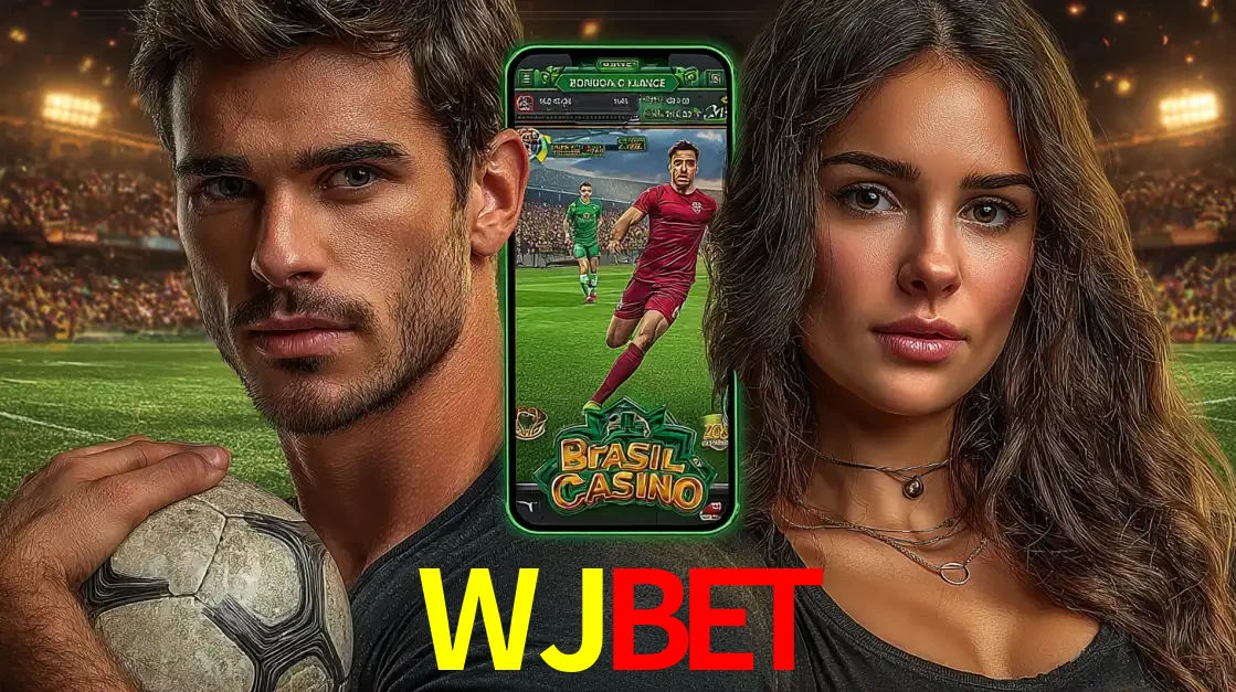 Homem segurando uma bola de futebol e uma mulher ao lado de um smartphone exibindo o jogo de apostas esportivas da WJBET. Faça seu palpite no cassino online.